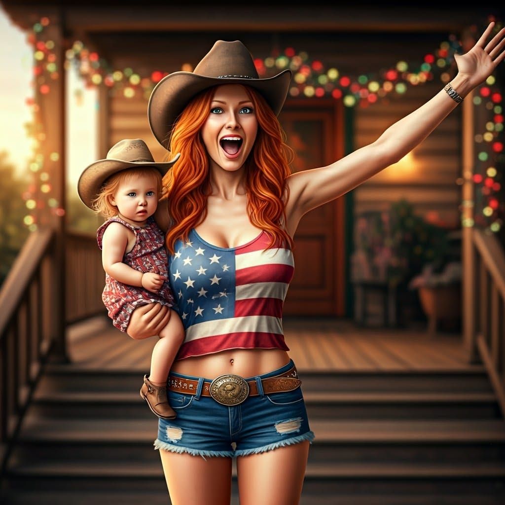 Vibrant Redheaded Cowgirl Yells in Joy with Toddler on Horse...