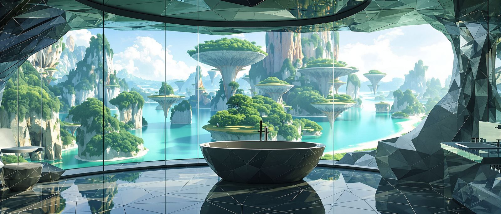 Futuristic Polygonal Bathroom with Fantastical Panoramic Vie...