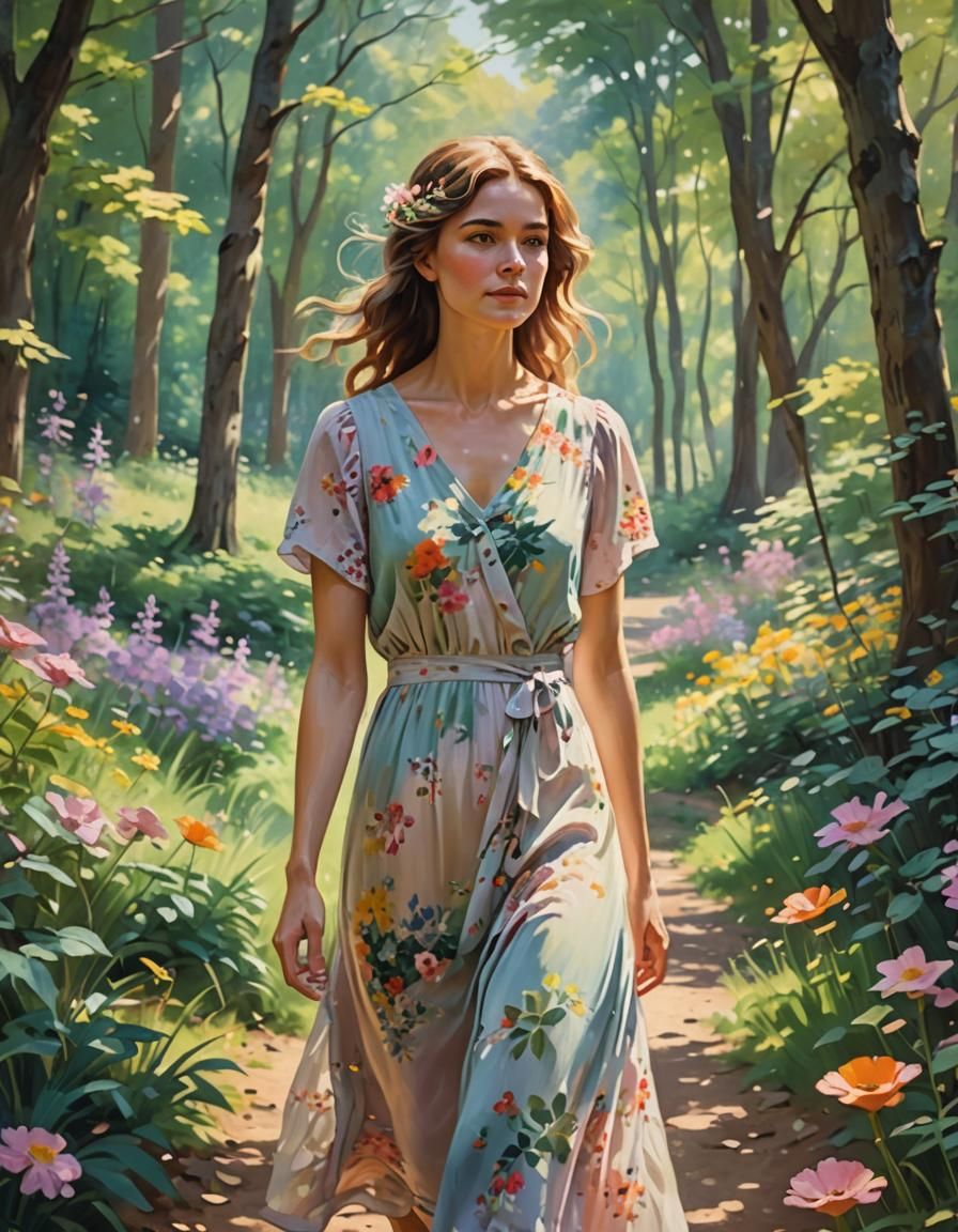 Impressionist Lady in Forest of Blooming Flowers