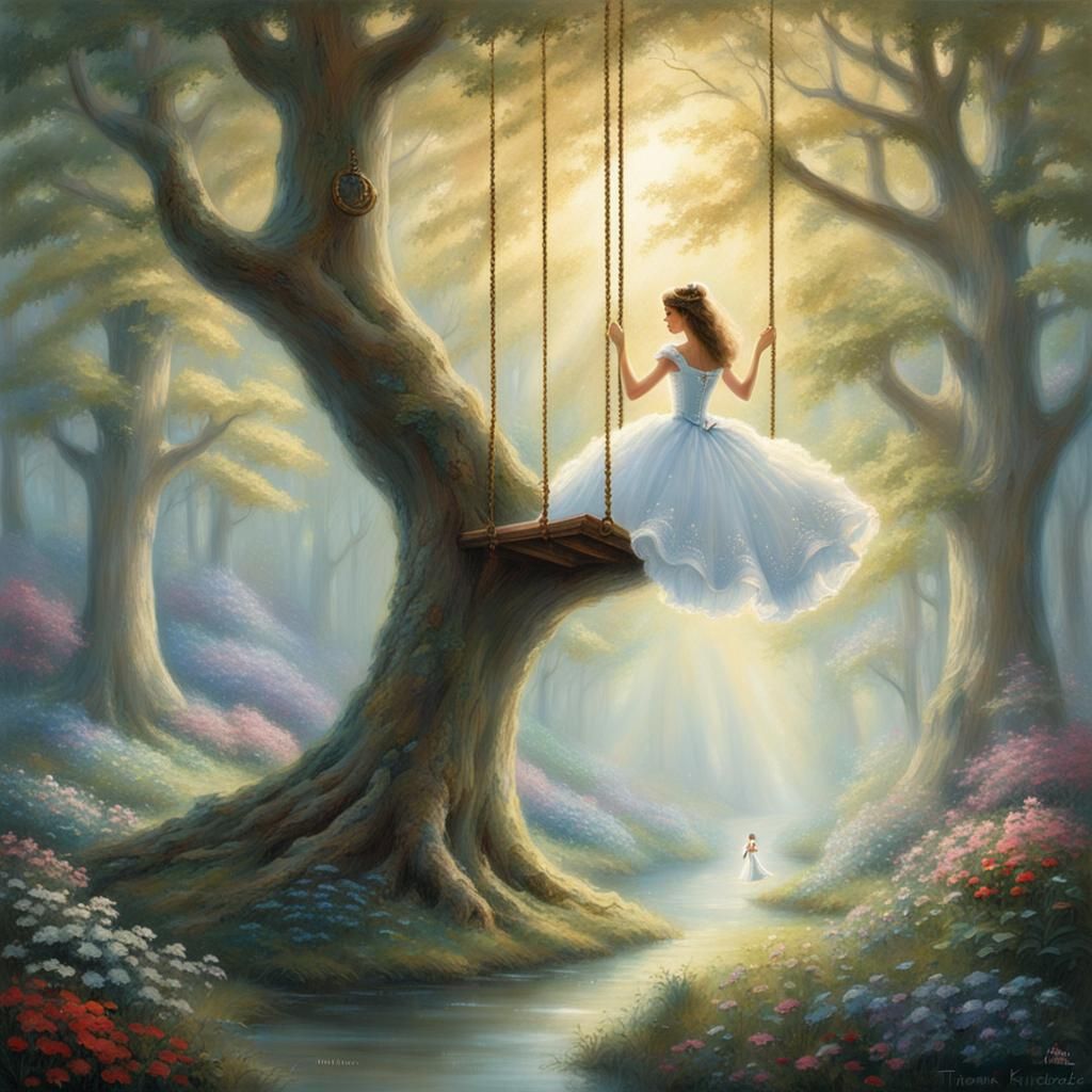 Girl in White Gown on Ethereal Tree Swing