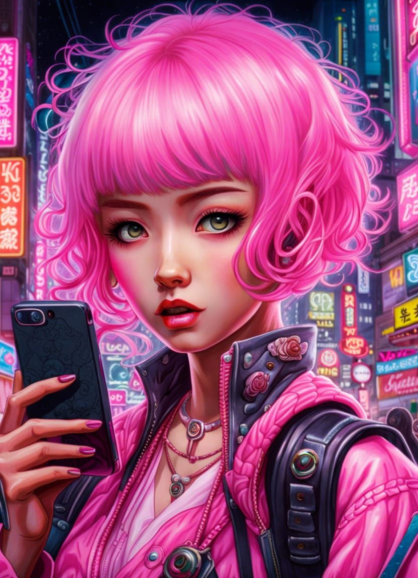 Kawaii Teenager Selfie in Tokyo Neon City