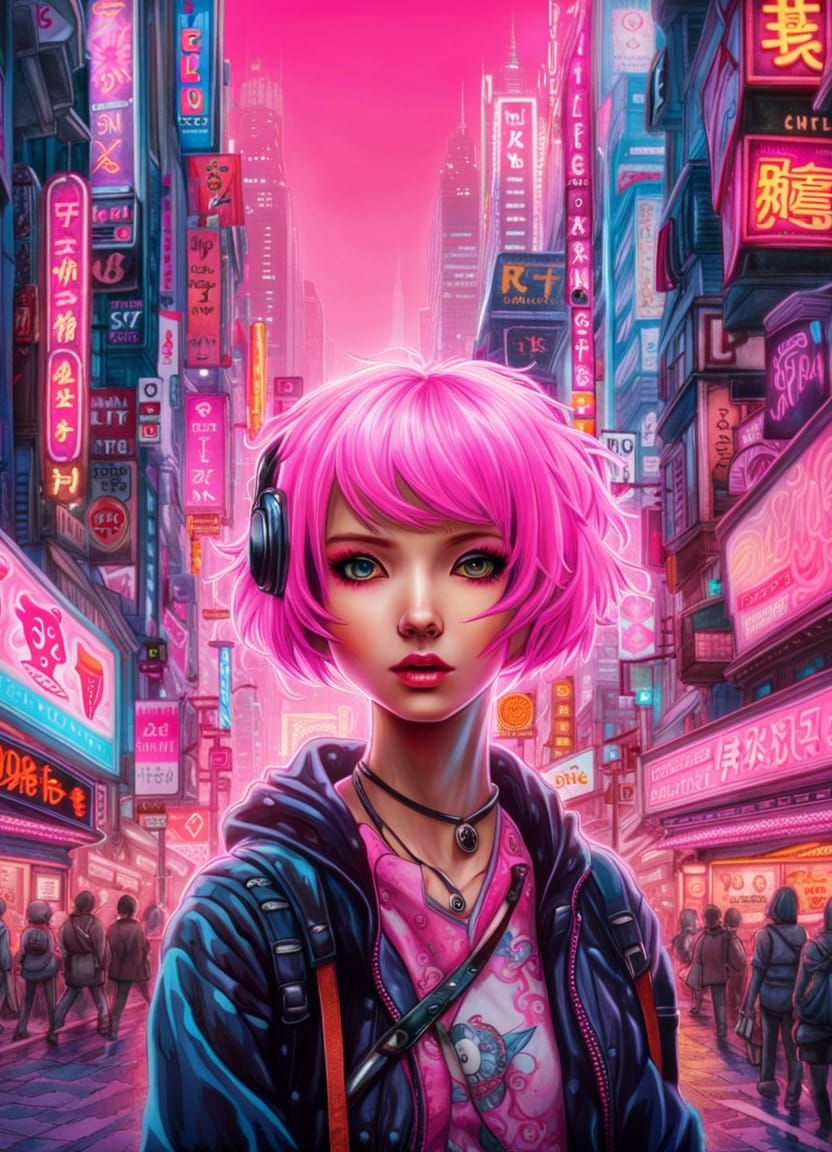 Hyperrealistic Kawaii Teenager Selfie in Neon Tokyo