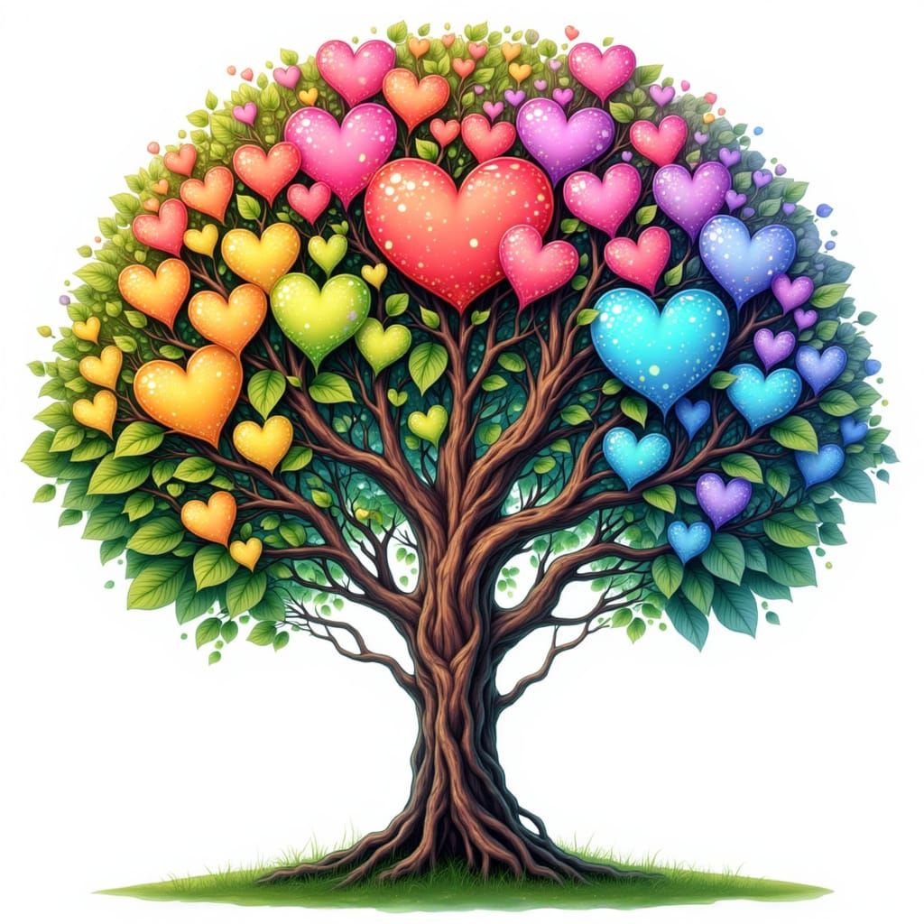 Chibi Tree of Life with Rainbow Heart Leaves