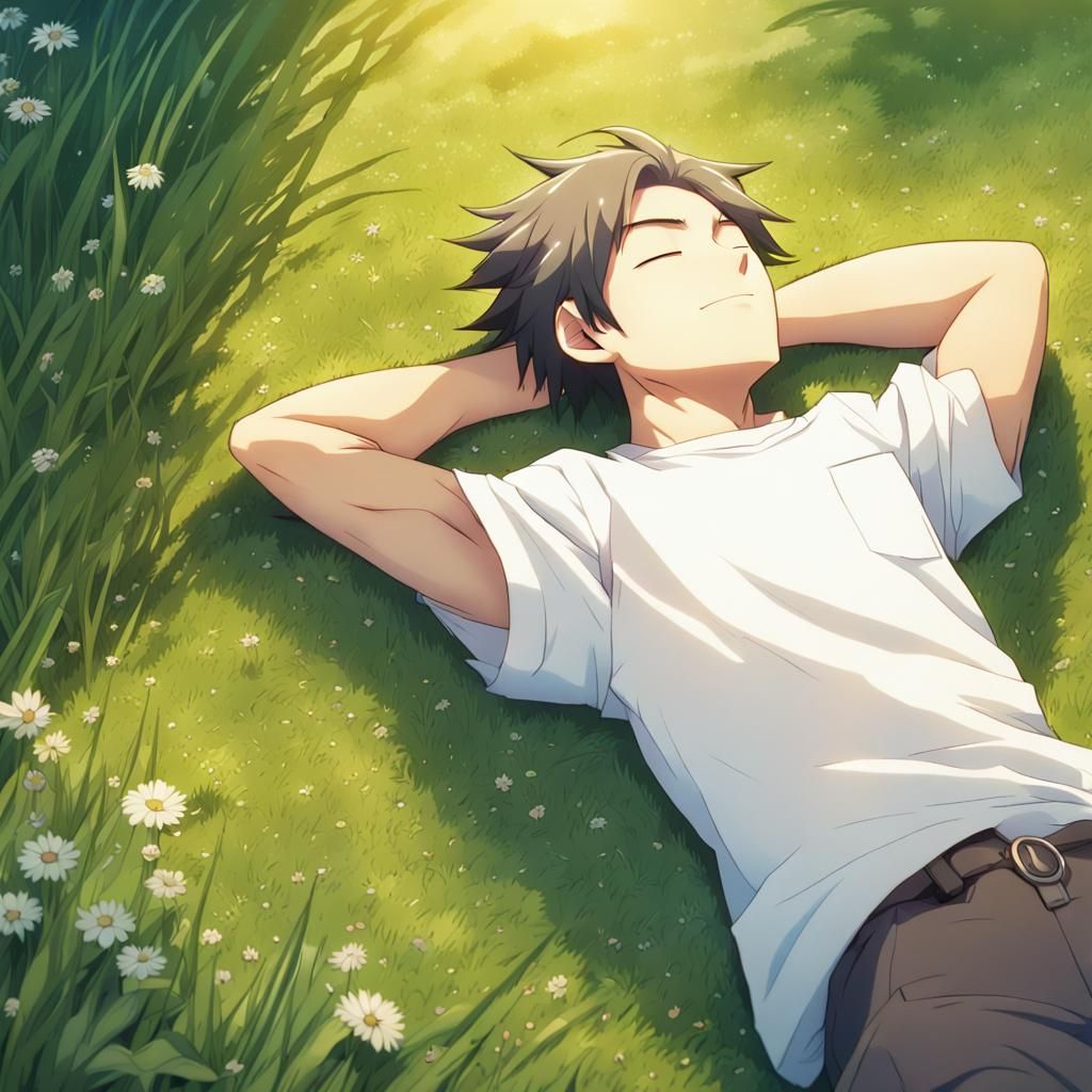 Content Anime Character Sleeping on Lawn