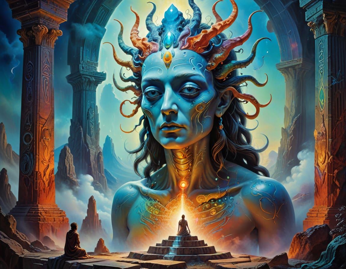 Surreal Oil Painting of Alien Chanting in Mystical Temple