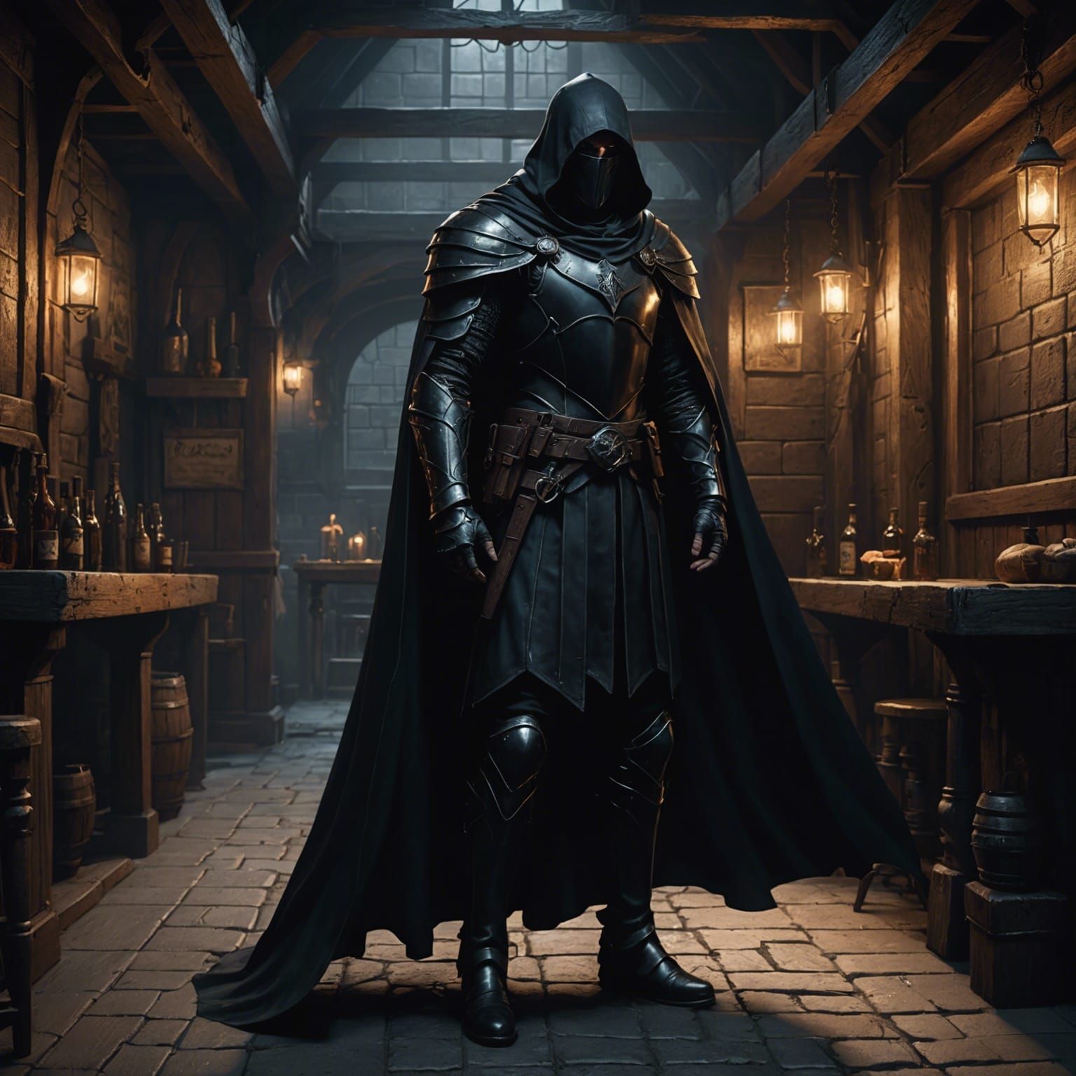 Eyeless Figure in Dark Tavern, Dark Fantasy Concept Art