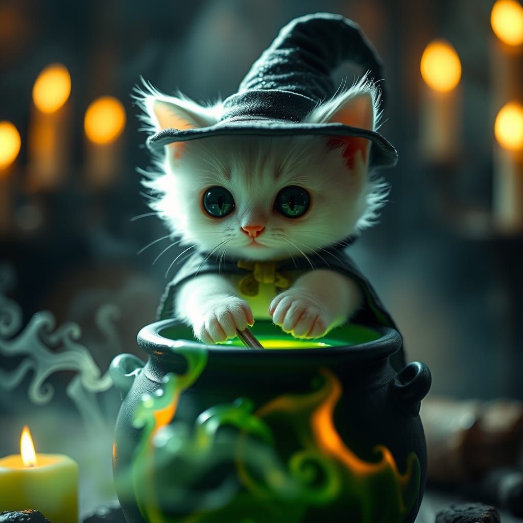 Adorable Cat Witch Stirring Potion