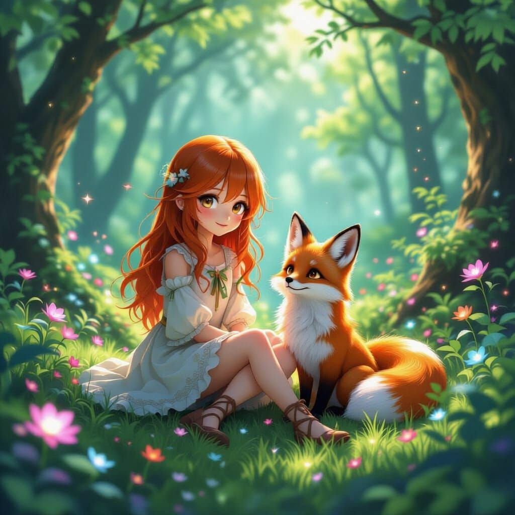 Girl and Fox in Magical Forest with Fairy Light