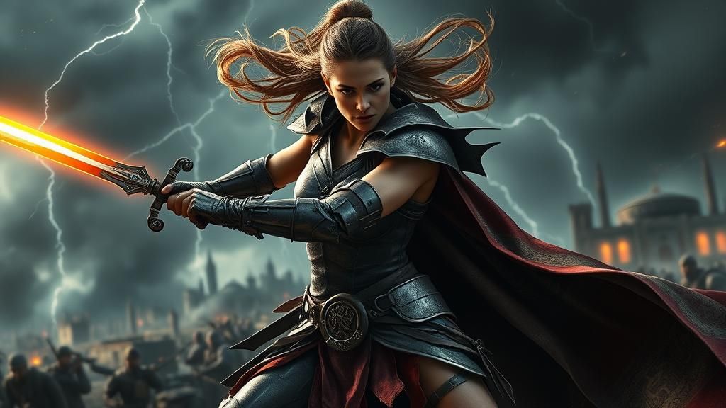 Epic Female Warrior Battles in Stormy Cityscape