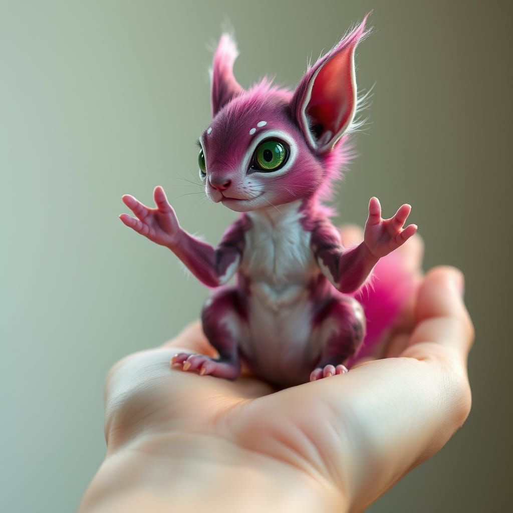 Cute Alien Creature with Magenta Fur and Green Eyes