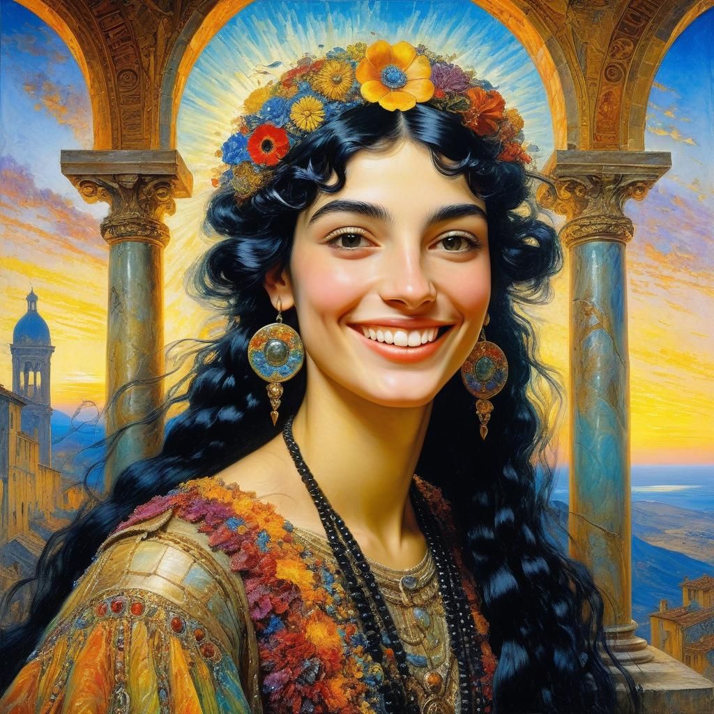 Surreal Portrait of Smiling Woman in Symbolist Style