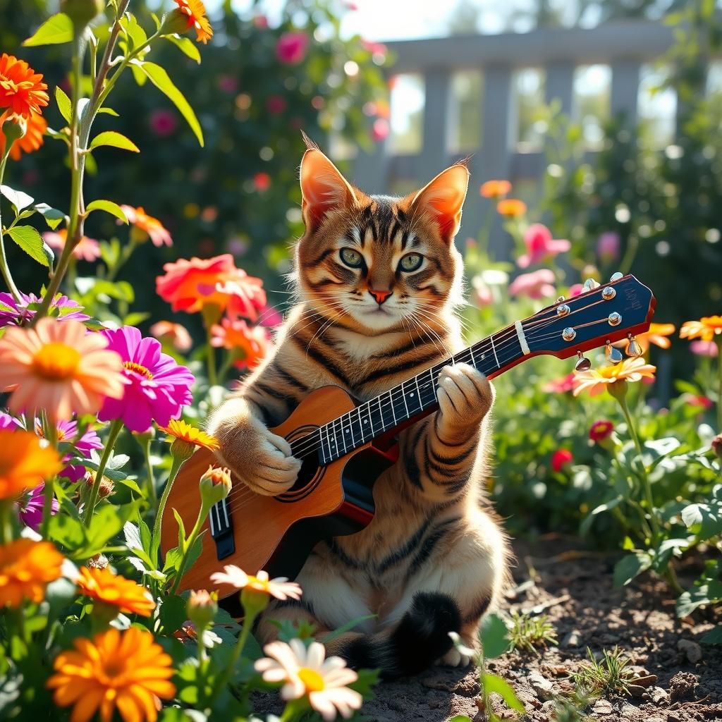 Striped Cat Playing Guitar in Sunny Garden