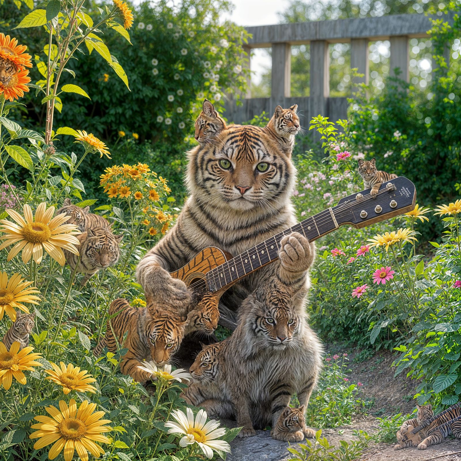Tiger Cat Plays Guitar in Sunny Garden