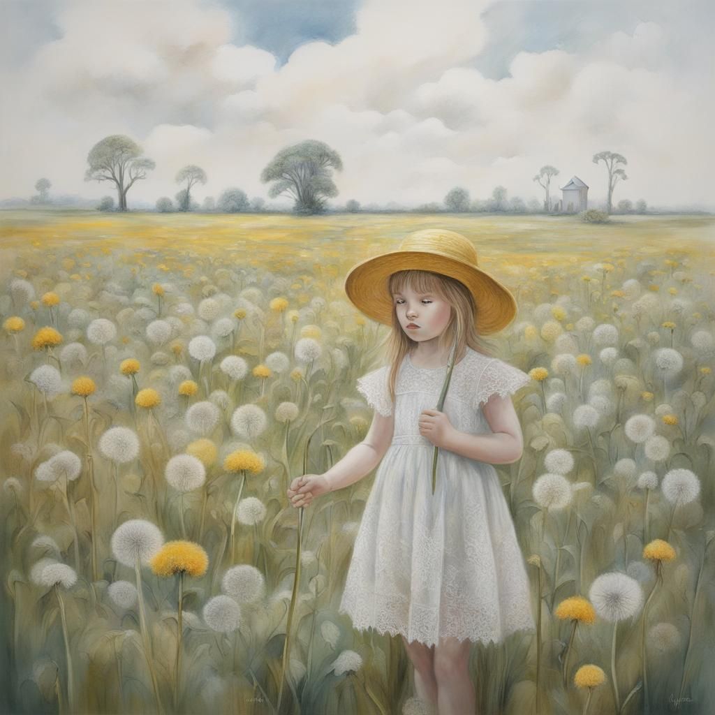 Girl in Dandelions Pastel Drawing
