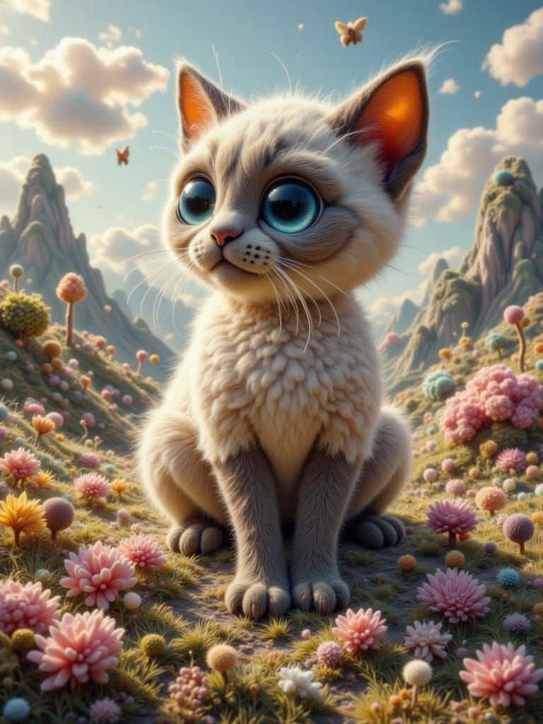 Fuzzy Siamese Cat in a Colorful, Detailed Landscape
