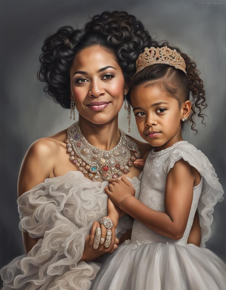 Mother and Daughter in Wedding Apparel: Oil Painting