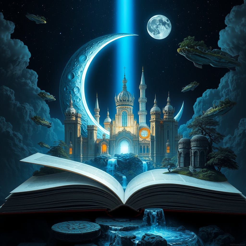 Surreal Moonlit Scene Unfolds from Ancient Text in Cyberpunk...