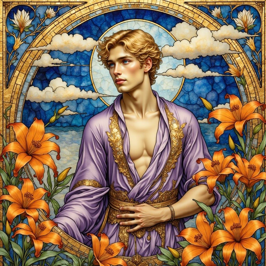 Lilies and Lavender: Impressionist Stained Glass Portrait