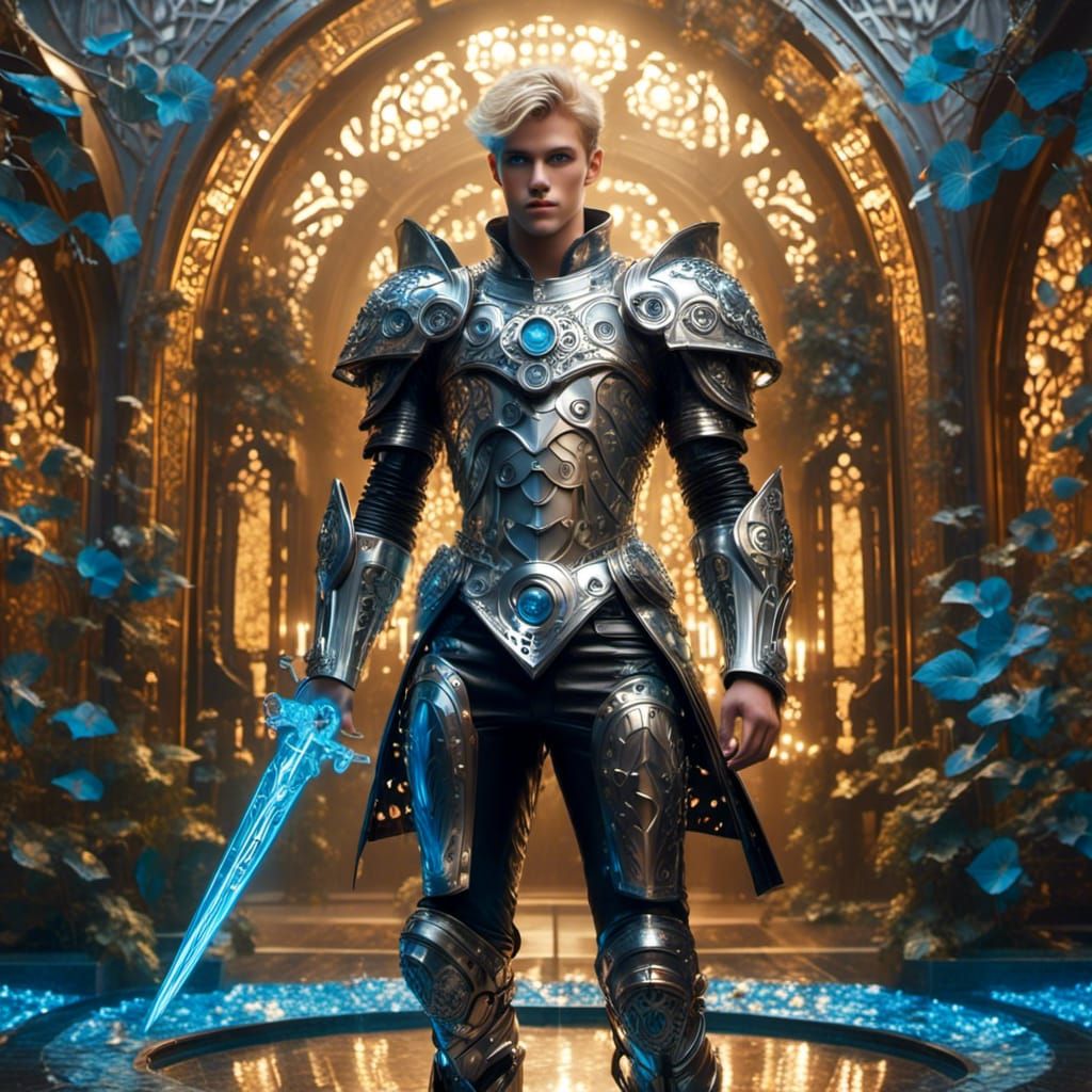 <lora:SuperHyperrealism:1.0> <lora:Cyborg1:1.0> A full body image of a handsome shirtless 20 something blonde male knigh...