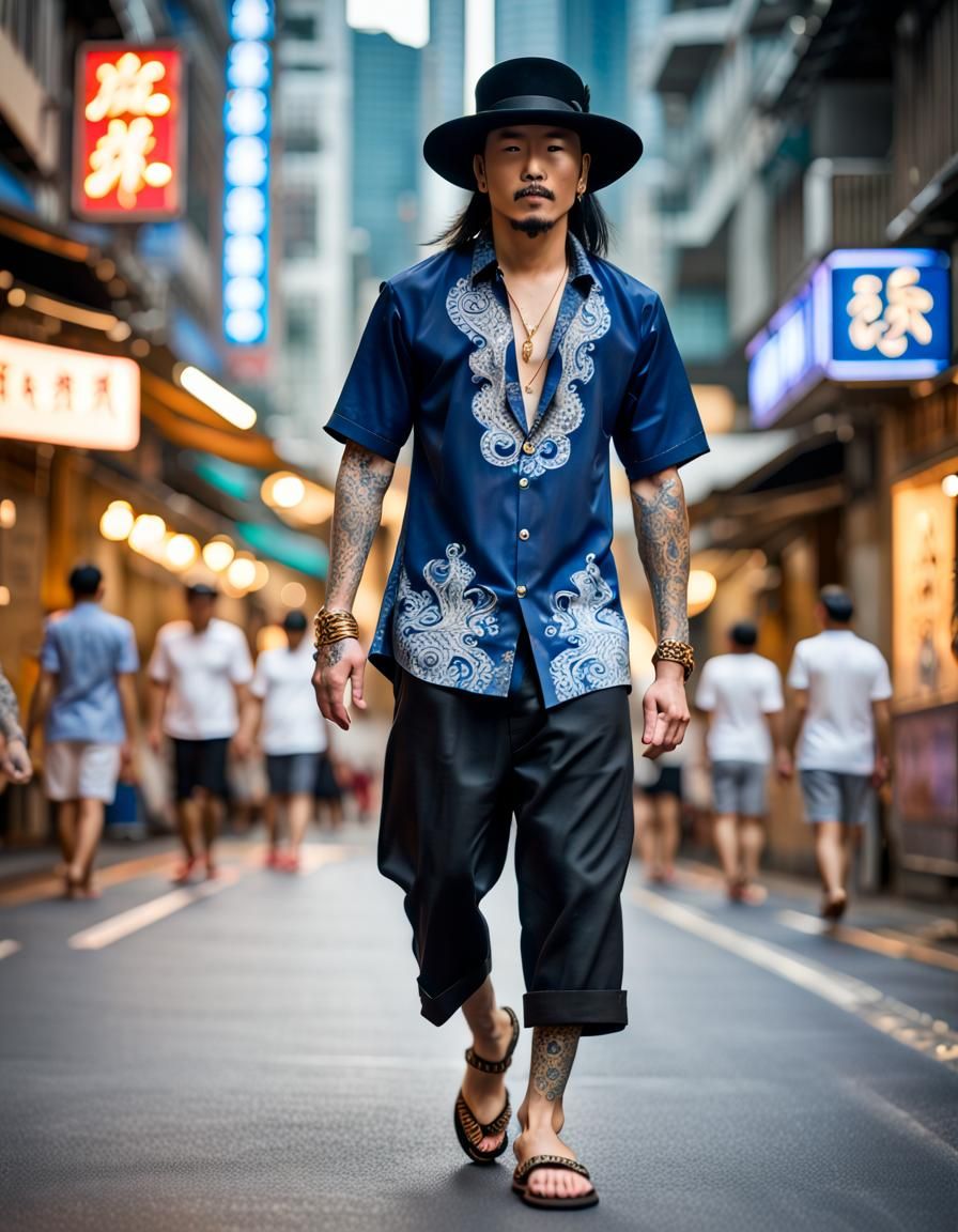 Confident Man Strides Across Neon Hong Kong Street