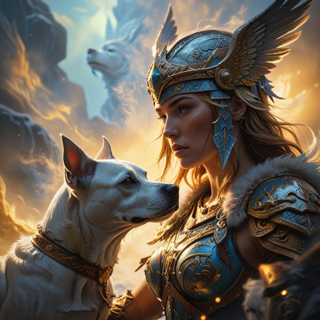 Valkyrie leads a Staffordshire bull terrier's spirit to valhalla.