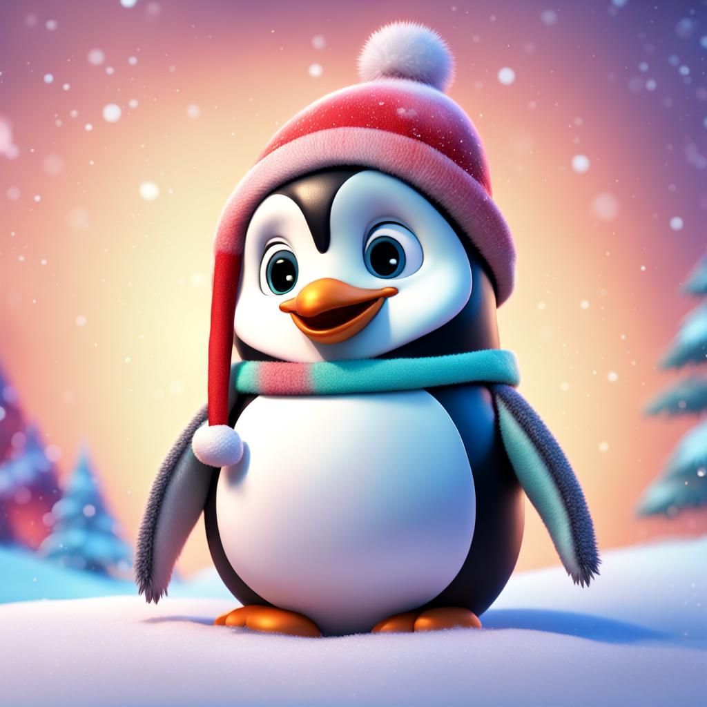 Cute Christmas Penguin in Bright 3D Style