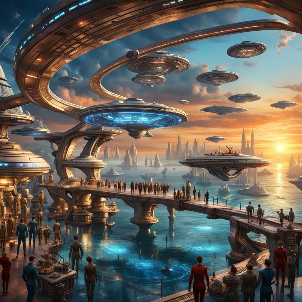 Futuristic Ocean Marketplace at Sunset in 8K