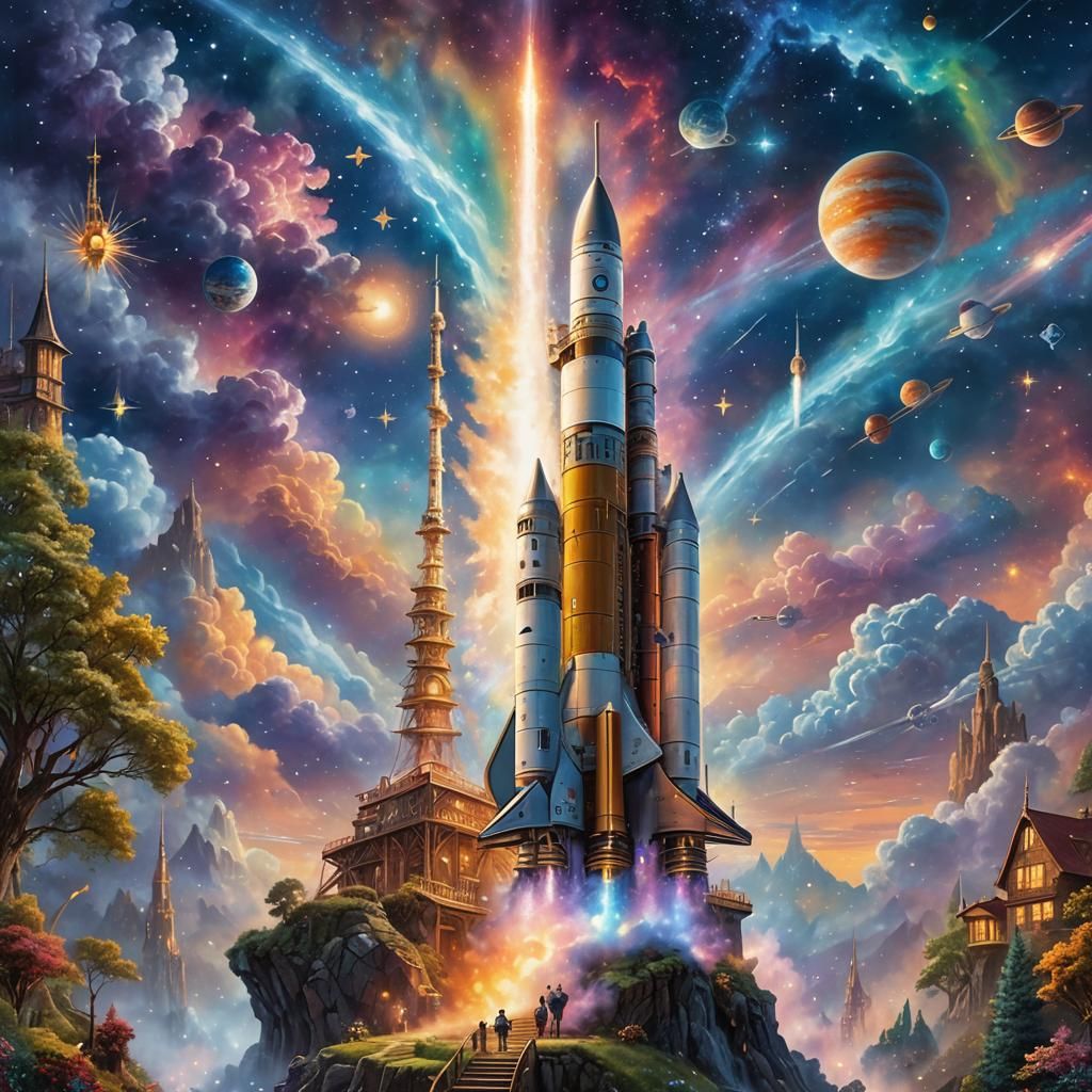 Ethereal Rocket Launch: Fantasy Cosmic Illustration