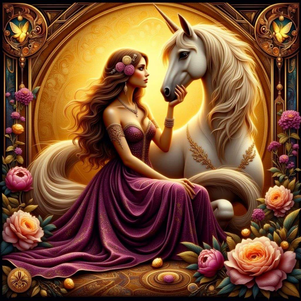 Whimsical Elf Maiden and Unicorn in Dreamy Illustrative Styl...