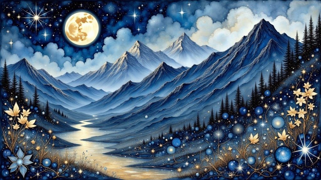 Moonlit Mountain Ridge in Alcohol Ink Style