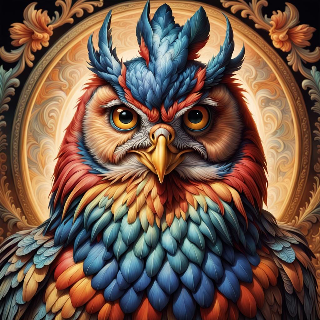 Mythical Rooster-Owl Hybrid in Ornate Hyperrealism
