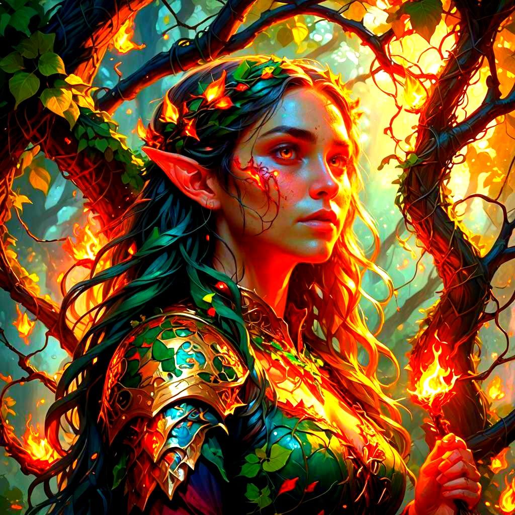 Fantastical Elf in Vines with Fire, Detailed Art