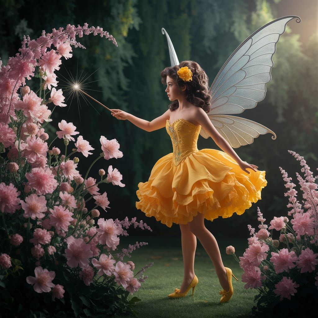 Hispanic Fairy Making Flowers Bloom in Matte Painting