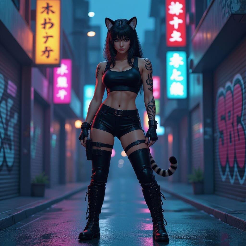 Cyberpunk Tiger Girl in Neo Tokyo Alley
