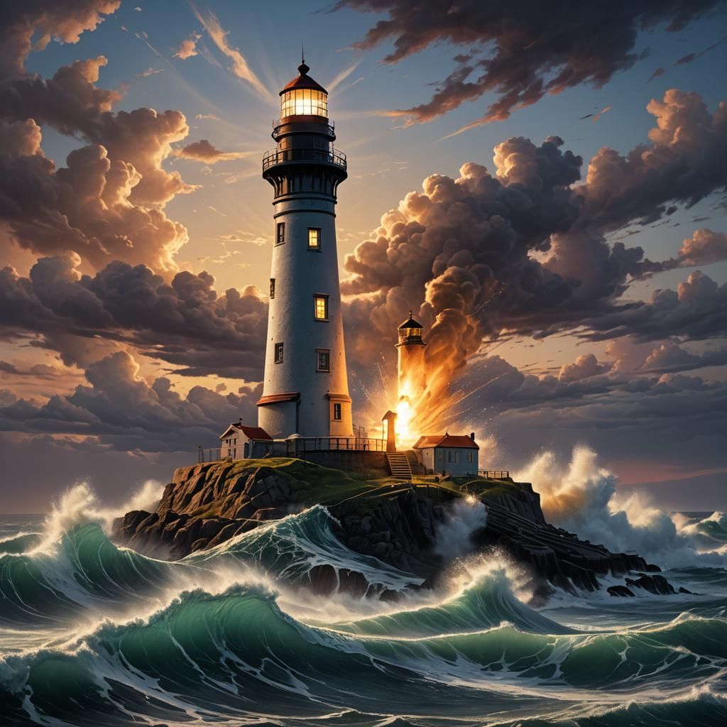 Lighthouse Under Twilight Attack: Hyperrealistic Acrylic Art