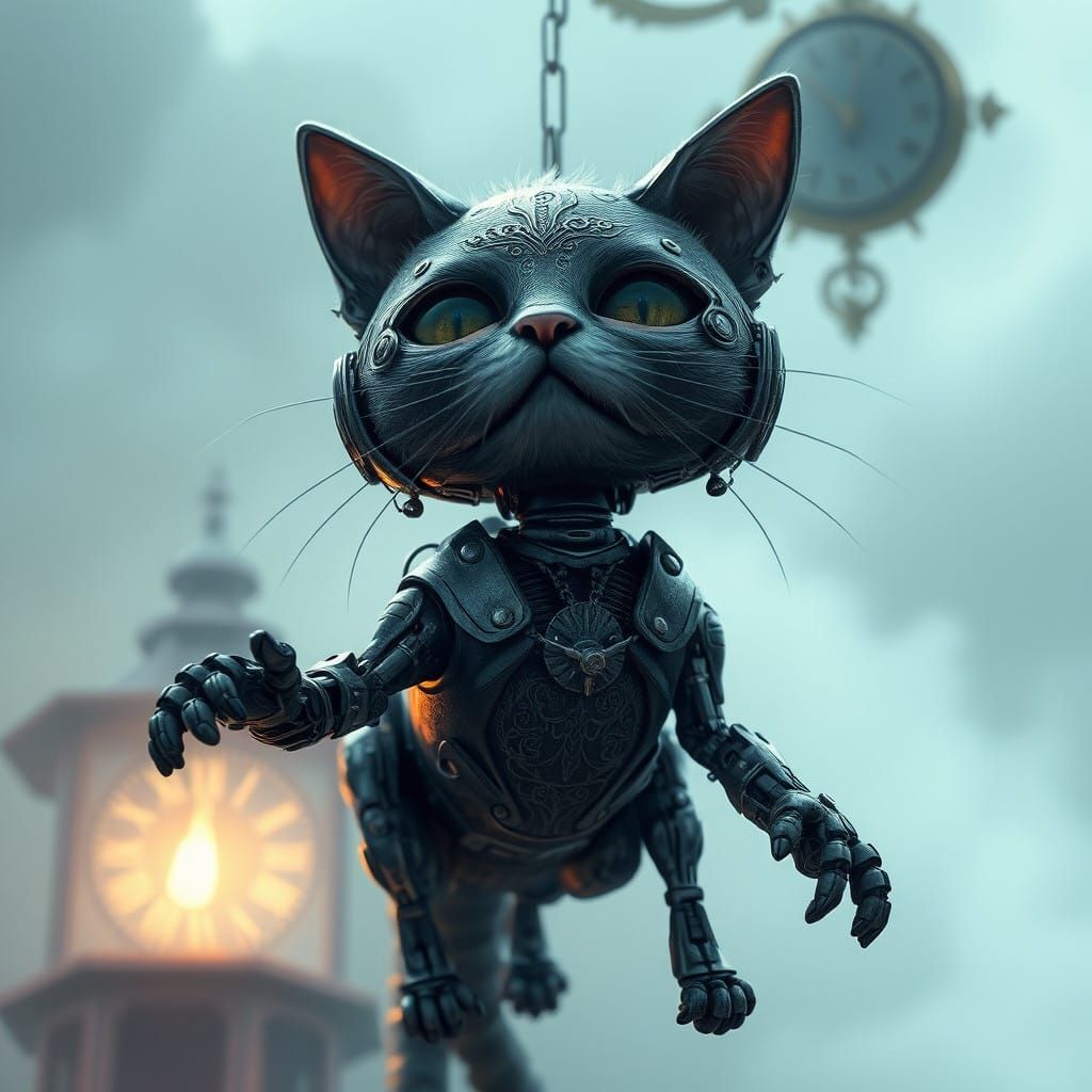 Medieval Robot Cat in Ethereal Atmosphere