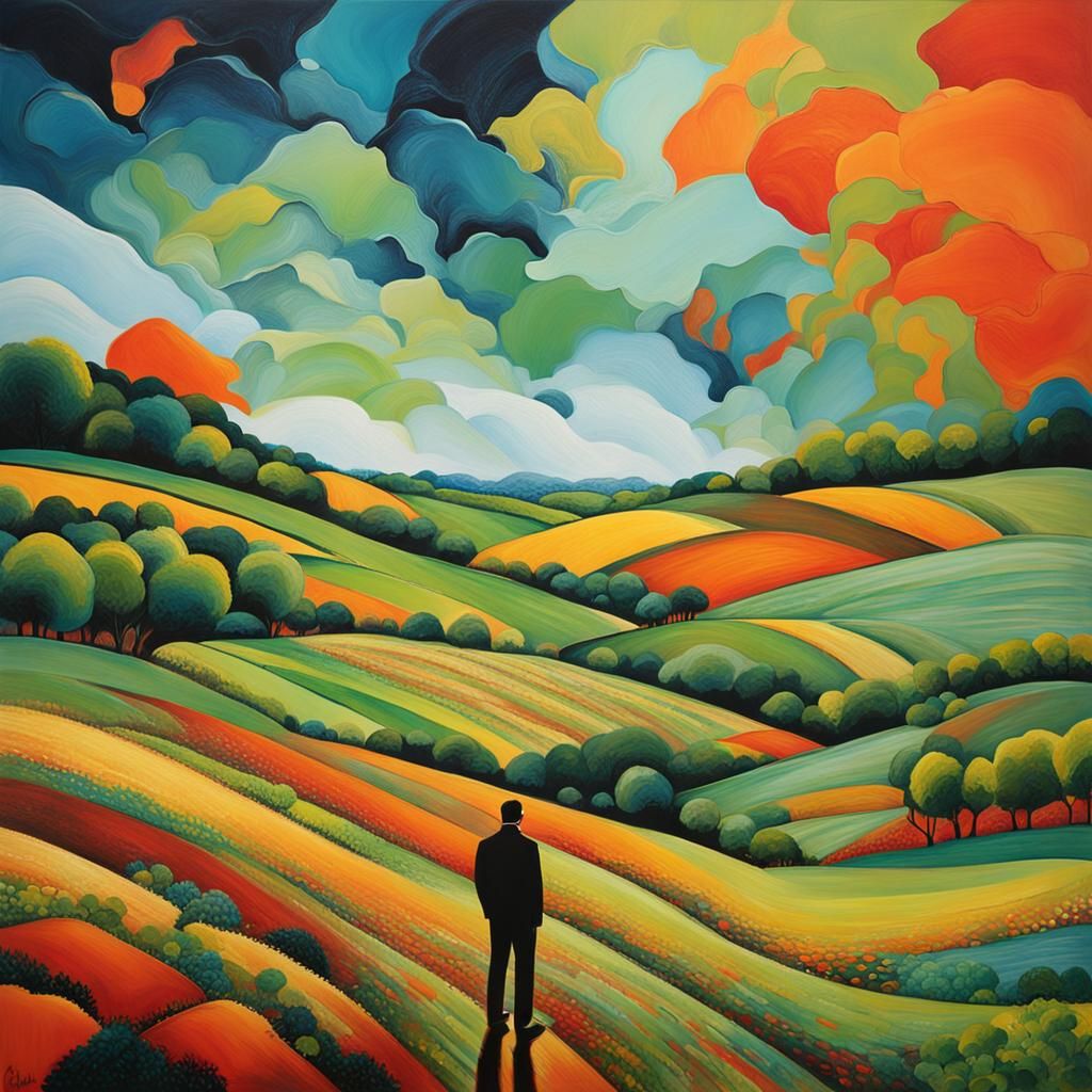Abstract Landscape with Man Overlooking Fields