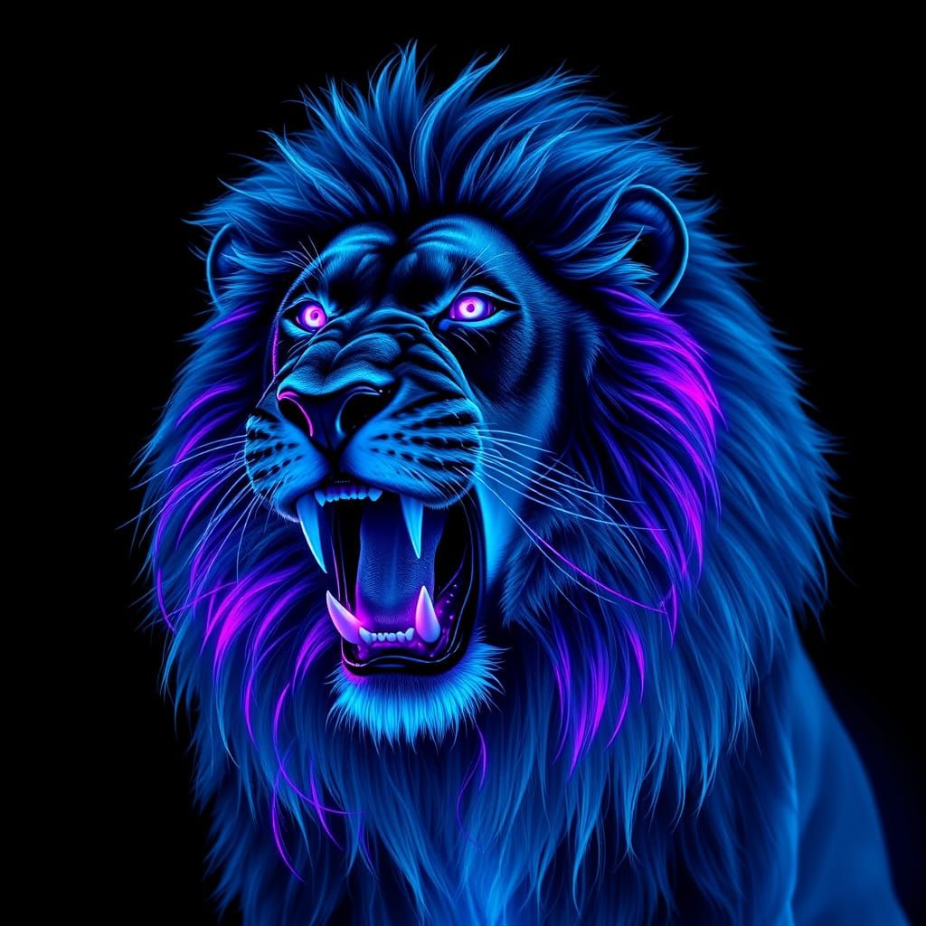 Electric Blue Lion Roars Under Starry Night Sky