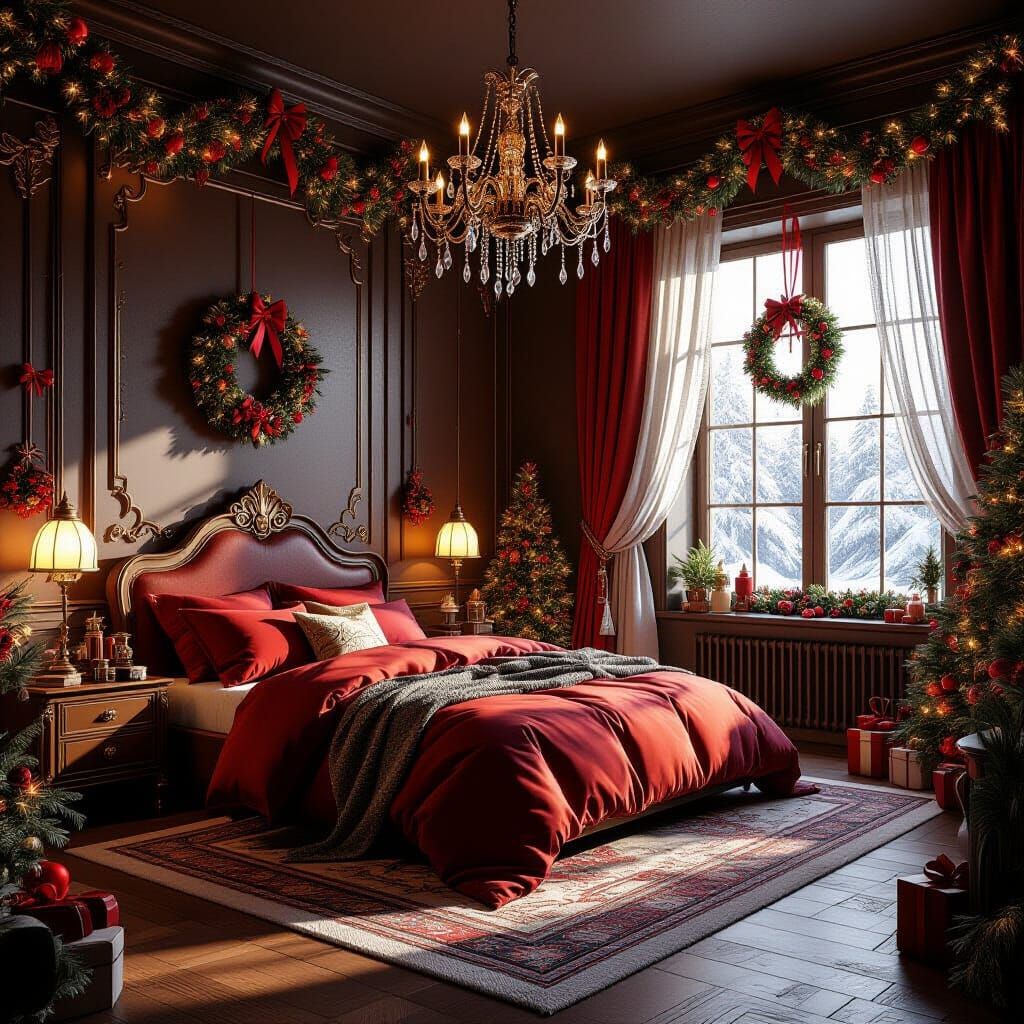 Cozy Christmas Bedroom in Modern Matte Painting Style