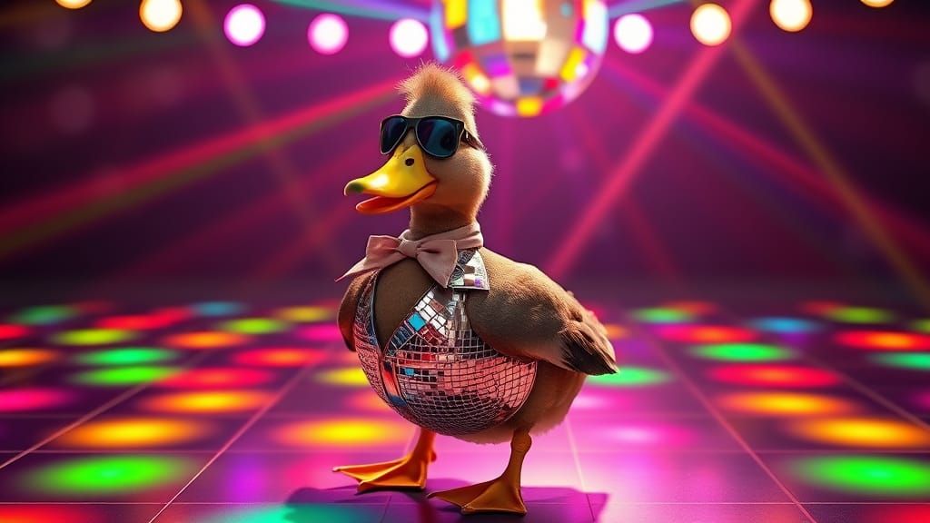 Funky Disco Duck Quacks the Night Away on a Glittering Dance...