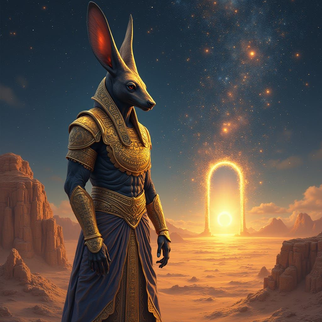 Anubis Guards Underworld Portal in Neon Mysticism Style