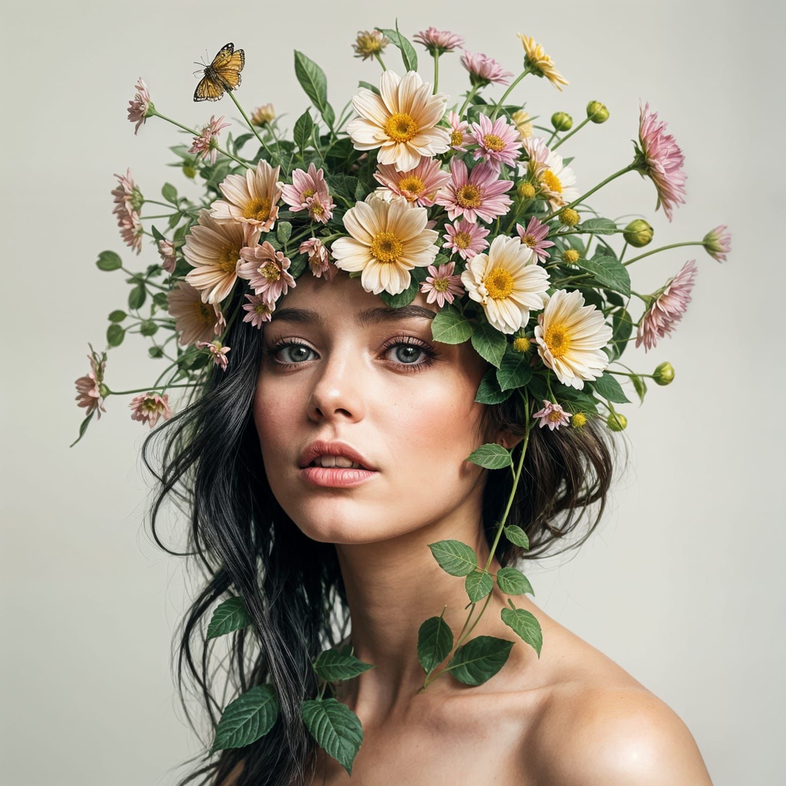 Woman with Flowers and Plants as Hair