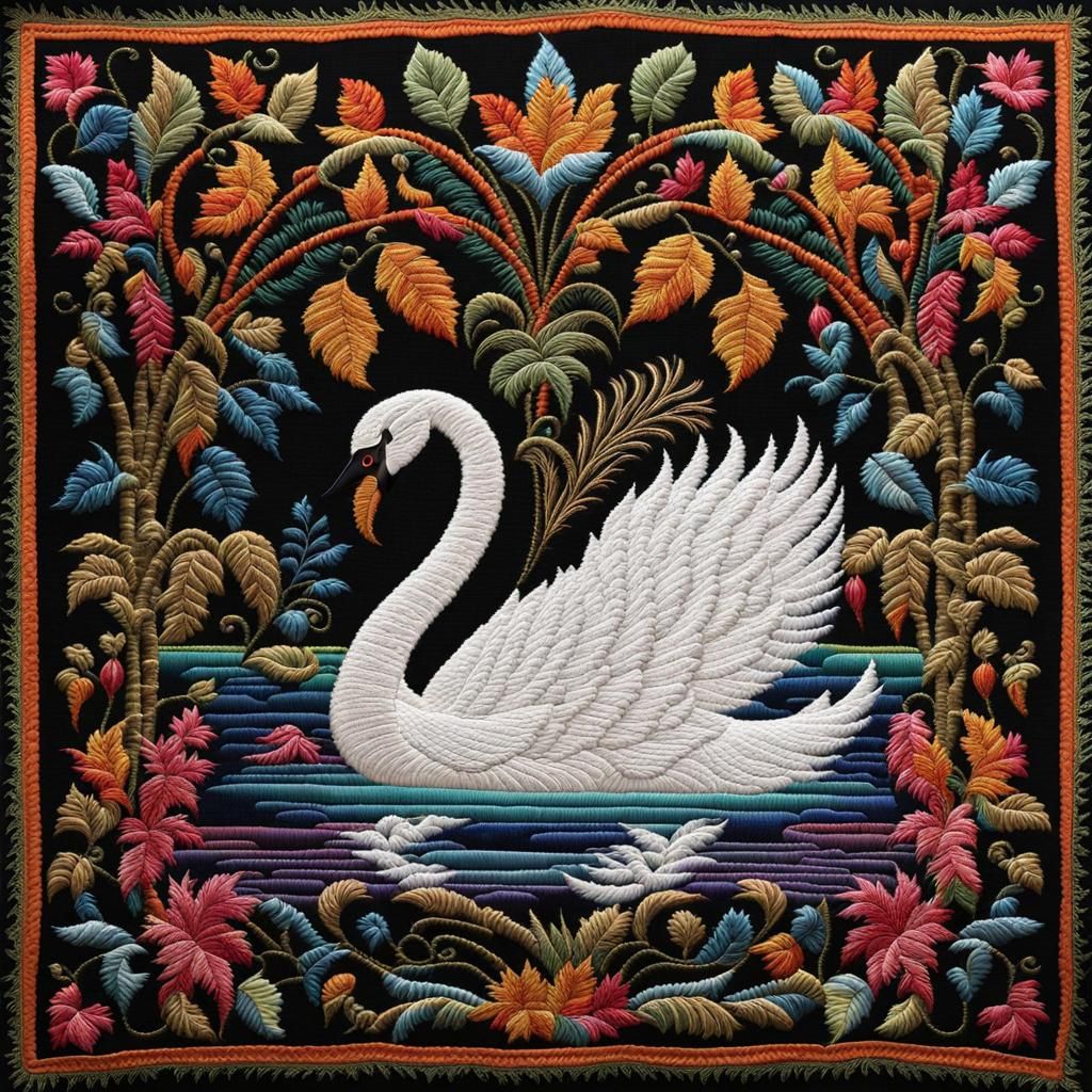 Majestic Swan Embroidery in Jacobean Tapestry Style