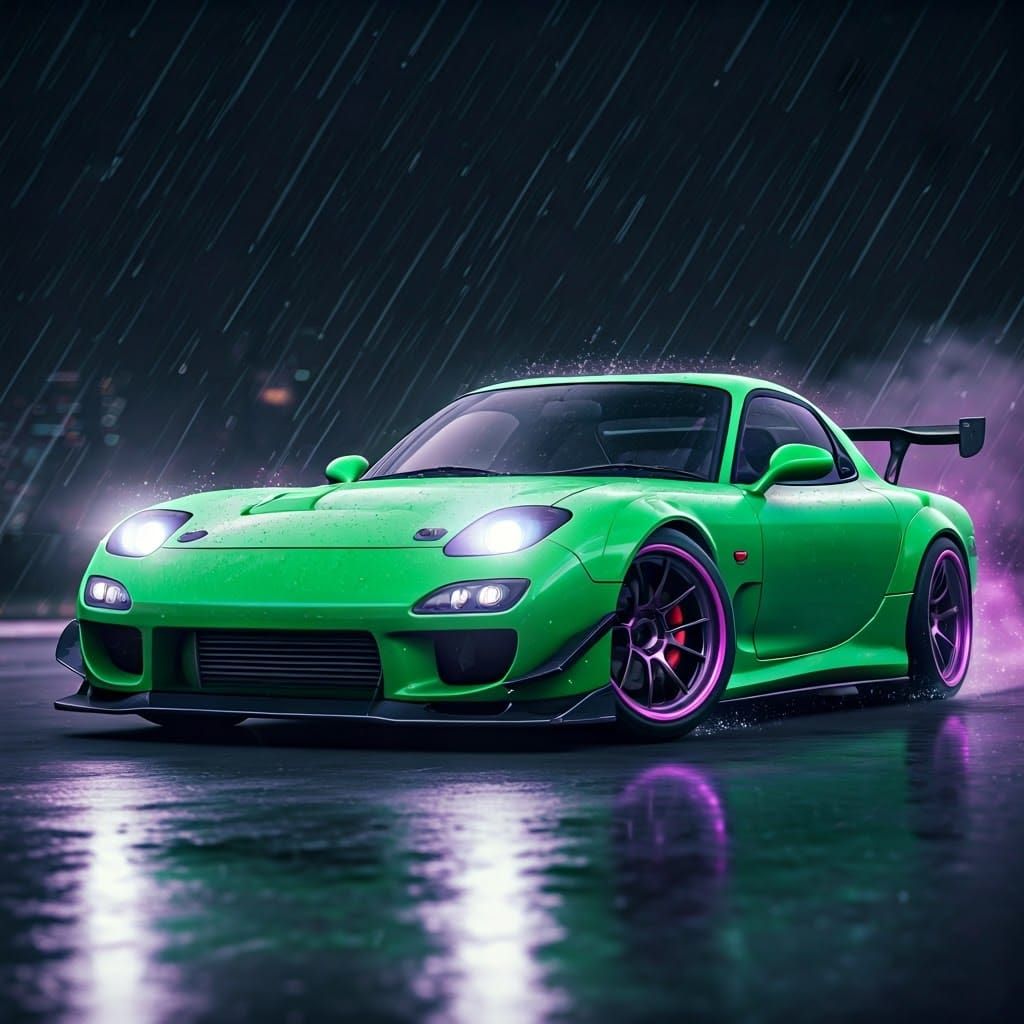 Sleek Mazda RX7 in Neon-Lit Drift, Nighttime Rain, Inspired ...