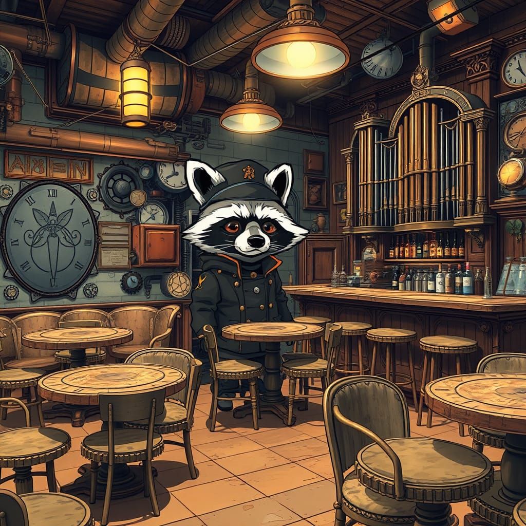 Steampunk Bar with Raccoon Engineer in Anime Style
