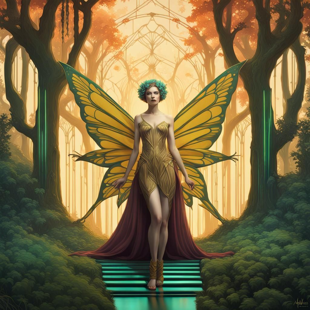 Art Deco Fairy in Forest: Digital Art