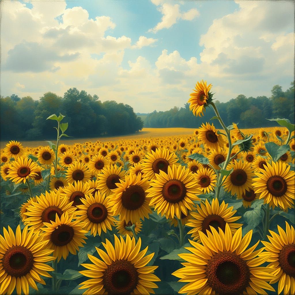 Hyperdetailed Sunflower Field in Charcoal and Gouache Style