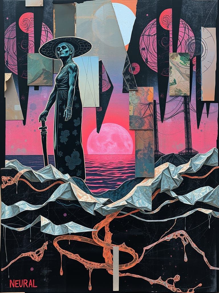 Ethereal Collage of Resilience in Neon Sunset