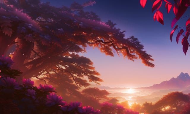 Mystical Anime Nature Scene with Sparkles and Onibi