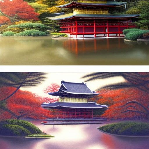 Japanese Temple Waterside Scene in Digital Art